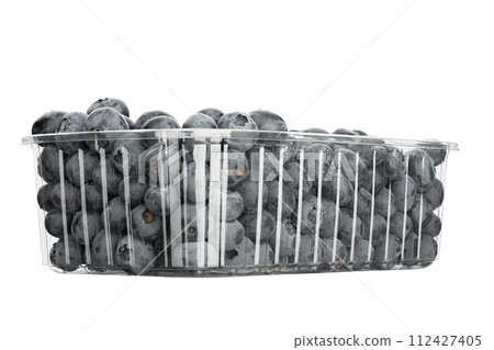Fresh blueberries in a plastic container, isolated on a white background. Fresh blueberries in a plastic container, isolated on a white background. 112427405