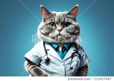 cat doctor isolated on a light blue background. 112427487