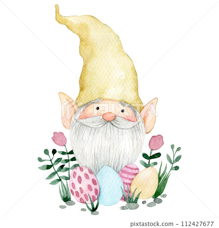 cute gnome with easter eggs and flowers. watercolor drawing on the theme of Easter. 112427677