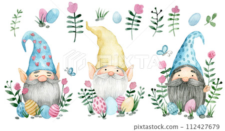 set with cute gnomes with Easter eggs and flowers. watercolor drawing on the theme of Easter. set with cute gnomes with Easter eggs and flowers. watercolor drawing on the theme of Easter. 112427679