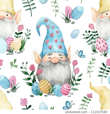 seamless pattern with cute gnomes with Easter eggs and flowers. watercolor drawing on the theme of Easter. 112427680