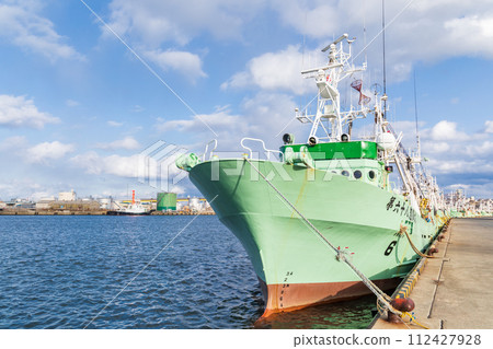 Fishing boats parked at Hachinohe fishing port in Aomori Prefecture Fishing boats parked at Hachinohe fishing port in Aomori Prefecture 112427928