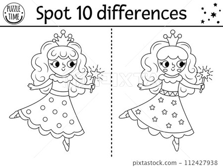 Unicorn black and white find differences game for children. Fairytale line activity with fairy girl holding magic wand. Cute puzzle for kids with fantasy character. Printable worksheet, coloring page Unicorn black and white find differences game for children. Fairytale line activity with fairy girl holding magic wand. Cute puzzle for kids with fantasy character. Printable worksheet, coloring page 112427938
