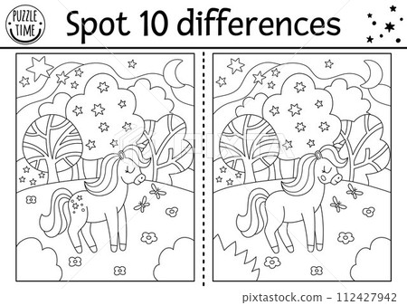 Unicorn black and white find differences game for children. Fairytale line activity with horse with horn, magic forest. Cute coloring page puzzle for kids with funny fantasy character 112427942