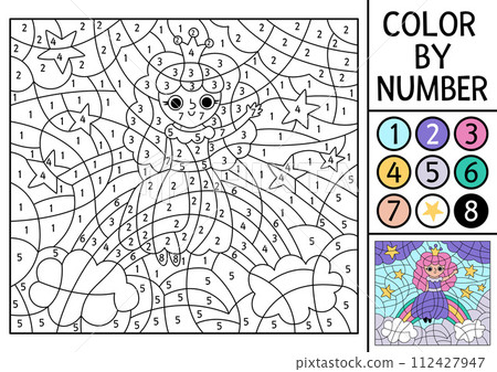 Vector Unicorn themed color by number activity with fairy sitting on the rainbow. Fairytale landscape scene. Black and white counting game with cute little princess. Magic coloring page for kids 112427947
