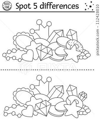Find differences black and white game for children with unicorn treasures. Fairytale line activity with crystals heap with crown. Cute coloring page puzzle for kids with funny fantasy characters Find differences black and white game for children with unicorn treasures. Fairytale line activity with crystals heap with crown. Cute coloring page puzzle for kids with funny fantasy characters 112428010