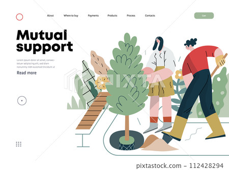 Mutual Support: Community yard improvement -modern flat vector concept illustration of people planting trees and plants A metaphor of voluntary, collaborative exchanges of resource, services Mutual Support: Community yard improvement -modern flat vector concept illustration of people planting trees and plants A metaphor of voluntary, collaborative exchanges of resource, services 112428294