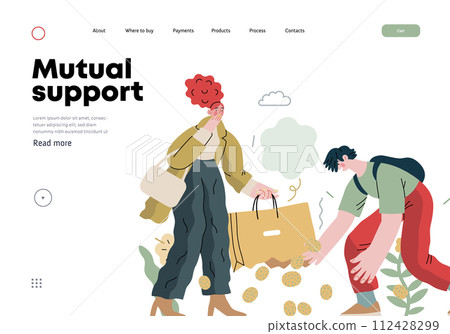 Mutual Support: Pick up fallen item -modern flat vector concept illustration of man collecting fruits that fell from woman's bag A metaphor of voluntary, collaborative exchanges of resource, services 112428299