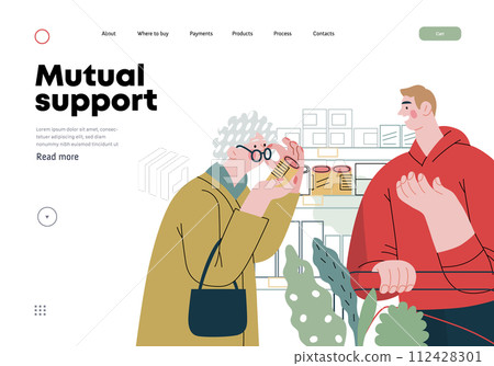 Mutual Support: Helping a visually impaired person -modern flat vector concept illustration of man offering to read label for woman in supermarket A metaphor of voluntary, collaborative exchanges 112428301