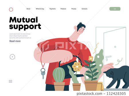 Mutual Support: Look after neighbor's house -modern flat vector concept illustration of man watering plants, looking after neighbors' cat A metaphor of voluntary, collaborative exchanges of services 112428305