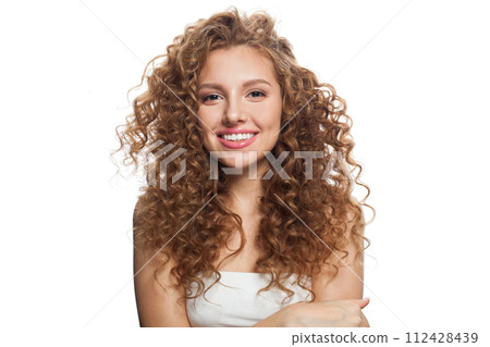 Attractive young healthy lady portrait. Perfect woman with long frizzy hairstyle 112428439