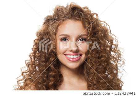 Closeup portrait of young healthy lady portrait. Perfect woman with long frizzy hairstyle Closeup portrait of young healthy lady portrait. Perfect woman with long frizzy hairstyle 112428441
