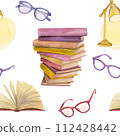 Watercolor seamless pattern composition of a golden yellow pink and purple books stack, hardcover opened book, pink and purple glasses and yellow desk lamp 112428442
