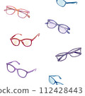Seamless pattern of six pairs of watercolor hand drawn pink, violet, blue eyeglasses 112428443