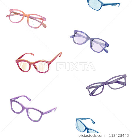Seamless pattern of six pairs of watercolor hand drawn pink, violet, blue eyeglasses Seamless pattern of six pairs of watercolor hand drawn pink, violet, blue eyeglasses 112428443