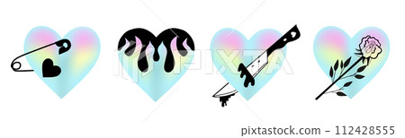 Holographic hearts set. y2k rave foil collection of trendy EMO goth stickers. Vector illustration Holographic hearts set. y2k rave foil collection of trendy EMO goth stickers. Vector illustration 112428555
