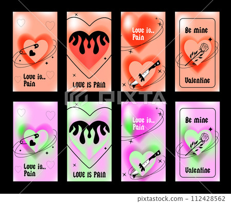 Happy Valentine's Day greeting card set. Gradient. Typography poster. y2k aesthetic. Social media template. Digital marketing. Sale promotion. Vector illustration Happy Valentine's Day greeting card set. Gradient. Typography poster. y2k aesthetic. Social media template. Digital marketing. Sale promotion. Vector illustration 112428562