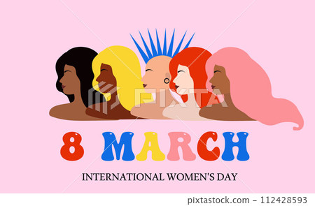 8 march. Happy women's day card with Five women of different ethnicities and cultures stand side by side together. Women's History Month banner. Flat vector illustration. 112428593