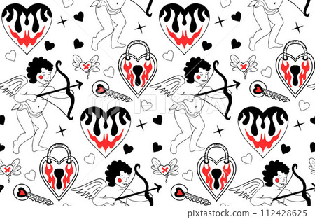 Valentine's Day pattern. Love modern print hand drawing with burning heart, flower, rose.Y2k 2000s cute emo goth aesthetic . Vector illustration 112428625