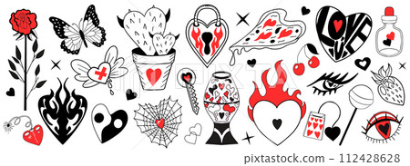 Valentine's Day set of elements. Love modern collection hand drawing with burning heart, flower, rose.Y2k 2000s cute emo goth aesthetic stickers tattoo. Vector illustration Valentine's Day set of elements. Love modern collection hand drawing with burning heart, flower, rose.Y2k 2000s cute emo goth aesthetic stickers tattoo. Vector illustration 112428628