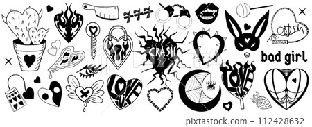 Y2k 2000s cute emo goth love aesthetic stickers, tattoo art elements and slogan. black punk rock set. Valentines day. Vector illustration 112428632