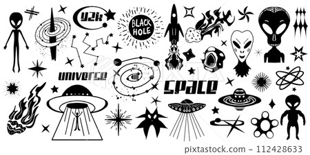 Sci-fi icons set. Ufo, space, universe, future. Flying saucer, Alien symbol, stars, comets. Black silhouettes, tattoo style print for T-shirts, logo element. Vector Illustration 112428633