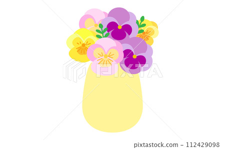 Yellow, purple and pink pansies in a vase 112429098