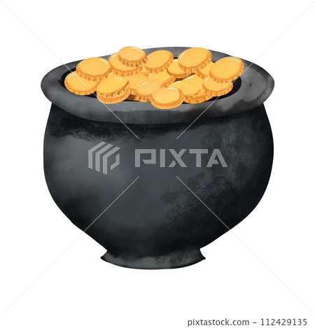 Black pot with gold coins Black pot with gold coins 112429135