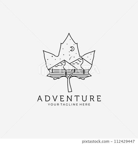 Line Art Leaf Adventure Mountain Logo Vector Design Illustration 112429447
