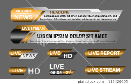 Broadcast News Lower Thirds Template layout gold grey set collection design banner for bar Headline news title, sport game in Television, Video and Media Channel vector Broadcast News Lower Thirds Template layout gold grey set collection design banner for bar Headline news title, sport game in Television, Video and Media Channel vector 112429605