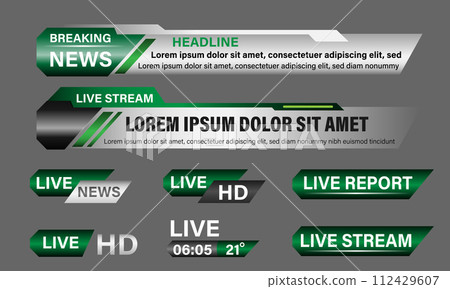 Broadcast News Lower Thirds Template layout green grey set collection design banner for bar Headline news title, sport game in Television, Video and Media Channel vector 112429607