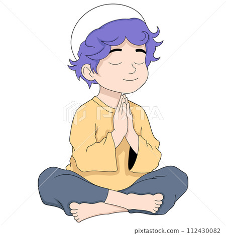 cartoon doodle illustration of people carrying out religious activities, Muslim man sitting with his eyes closed while praying cartoon doodle illustration of people carrying out religious activities, Muslim man sitting with his eyes closed while praying 112430082