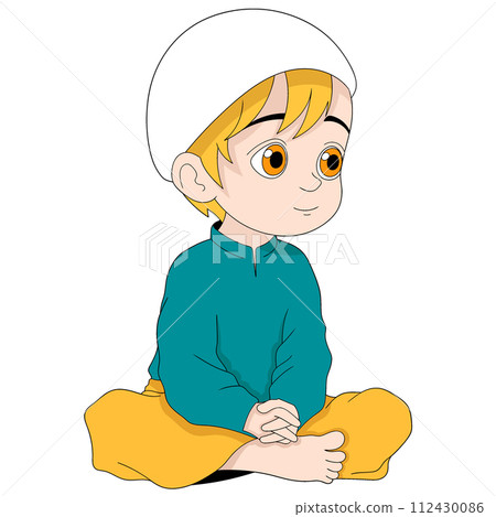 cartoon doodle illustration of people carrying out religious activities, Muslim men during Ramadan worshiping God 112430086