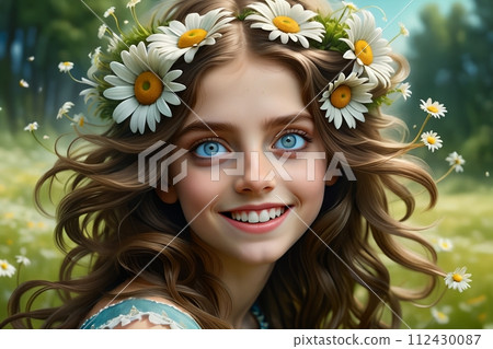 beautiful girl with long hair with daisies. 112430087