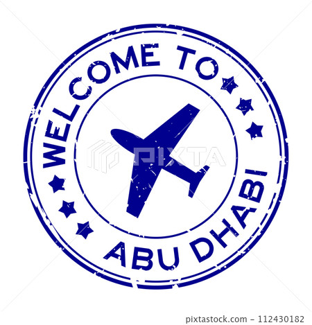Grunge black welcome to abu dhabi with airplane icon round rubber seal stamp on white background 112430182