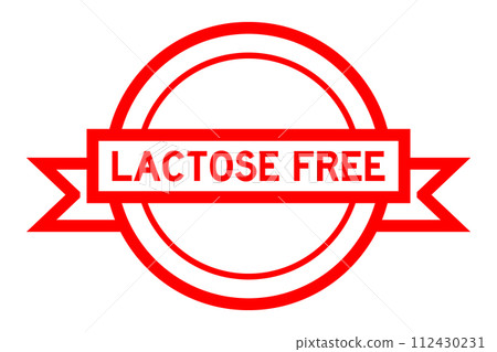 Vintage red color round label banner with word lactose free on white background 112430231