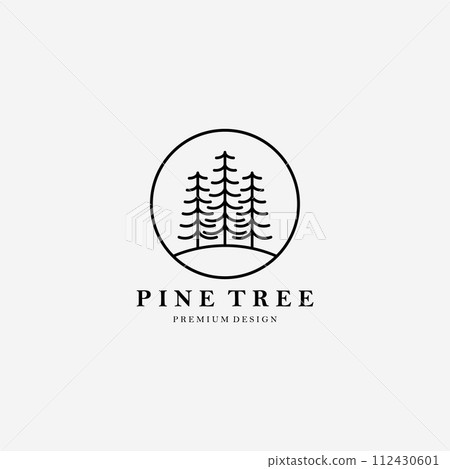 Simple Line Art Pine Tree Logo Vector Illustration Design Linear, Minimalist Tree, Minimal of Tree Logo Simply 112430601