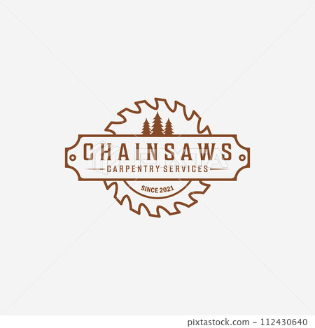 Carpentry and Wood saw Logo Vector, Chainsaws Line art Vintage Illustration, Carpenter and Wood Working Concept Design Carpentry and Wood saw Logo Vector, Chainsaws Line art Vintage Illustration, Carpenter and Wood Working Concept Design 112430640