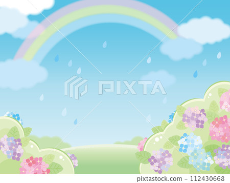Rainy season - blue sky and hydrangeas after the rain with a rainbow (horizontal) 112430668
