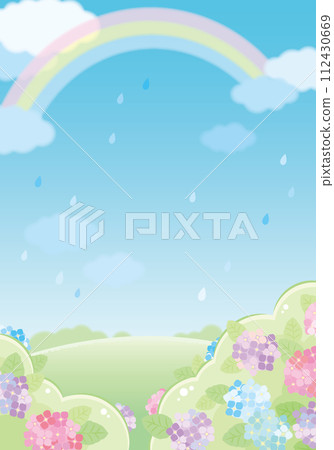 Rainy season - blue sky and hydrangeas after the rain with a rainbow (vertical) Rainy season - blue sky and hydrangeas after the rain with a rainbow (vertical) 112430669