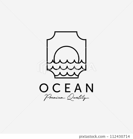 Label of Ocean Sunset Sunrise Line Art Logo, Illustration Design of Atlantic Marine, Horizon Vector Concept 112430714