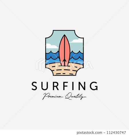 Emblem of Beach Vacation Surfing Vector Logo, Vintage Design of Surf Extreme Sport, Colorful Illustration of Outdoor Sport Logo 112430747