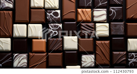 Top view sweet background with assortment of square-shaped chocolates featuring white, dark and milk variations in collection 112430793