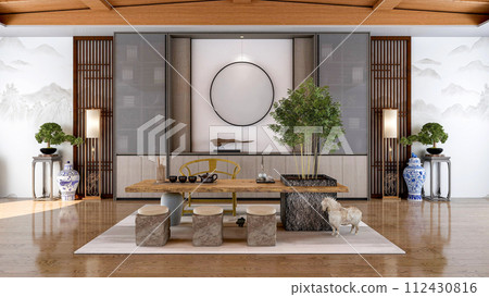 Interior of traditional Chinese style living room with furniture and wooden floor, 3d rendering Interior of traditional Chinese style living room with furniture and wooden floor, 3d rendering 112430816