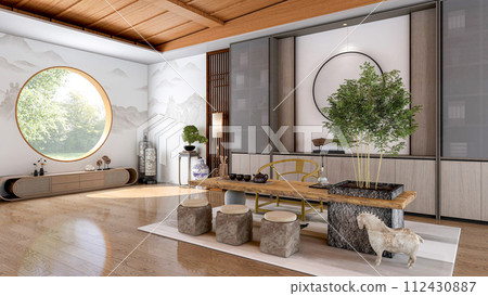 Interior of traditional Chinese style living room with furniture and wooden floor, 3d rendering Interior of traditional Chinese style living room with furniture and wooden floor, 3d rendering 112430887