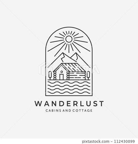 Emblem of Cabin Cottage Line Art Minimalist Logo Mountain Sunburst Vector Illustration Lake River Wave Design 112430899