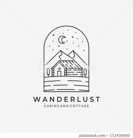 Minimalist Emblem Cabin Logo Cottage Mountain at the Night Vector Line Art Design Illustration Minimalist Emblem Cabin Logo Cottage Mountain at the Night Vector Line Art Design Illustration 112430900