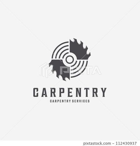 Minimalist Carpentry Chain Saw Line Art Vector Logo, Illustration Design of Wood Saws Vintage Concept Idea 112430937