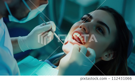 A woman with a perfect smile sits comfortably in a dental chair, radiating confidence. Dental consultation and Dental treatment. Generative AI. 112431066