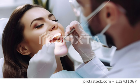 A woman with a perfect smile sits comfortably in a dental chair, radiating confidence. Dental consultation and Dental treatment. Generative AI. 112431067